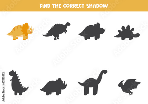 Find the right shadow of cute cartoon trice raptor.