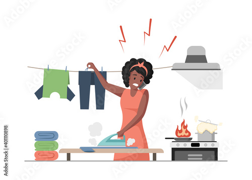 Housekeeping vector flat illustration. Multitasking woman cooking, ironing clothes and speaking at phone vector flat illustration. Busy female character in casual clothes doing domestic work.