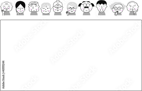 コピースペース、ほわほわタッチ、イラスト、ベクター、カット、かわいい、笑顔、お年寄り、老人、長生き、生き生き、dog、パートナー、仲間、友達、老人ホーム、デイケア、介護施設、友達、介護、福祉、複数、中高年、ボケ防止、生き甲斐、デイサービス、通所井リハビリテーション、交流、レクレーション、医療施設、社会復帰、宅老所、人々、女性、男性、男女、モノクロ、K