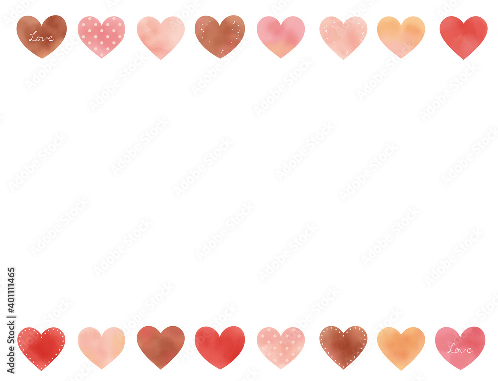 水彩タッチのハートの上下散りばめイラスト Watercolor illustration of scattered hearts on top and bottom