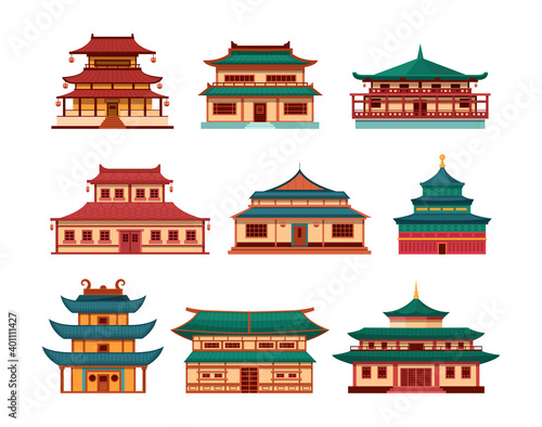 Traditional chinese buildings, asian architecture chinatown. China townscape with pagoda, temple, house. China town city landmarks landscape, Japan building architecture palace pagoda