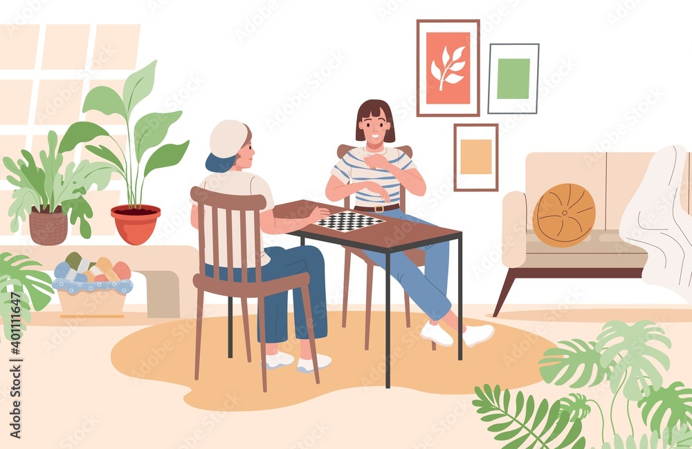 Smiling boy and girl sitting at table and playing board games together vector flat illustration. Indoor entertainment, home leisure activities. Brother and sister or friends spending time together. Smiling boy and girl sitting at table and playing board games together vector flat illustration. Indoor entertainment, home leisure activities. Brother and sister or friends spending time together.