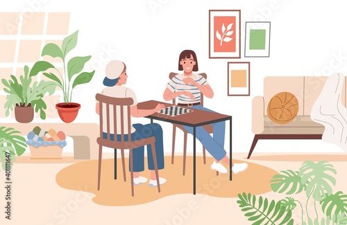 Smiling boy and girl sitting at table and playing board games together vector flat illustration. Indoor entertainment, home leisure activities. Brother and sister or friends spending time together.