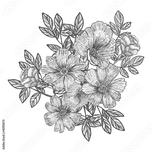 Decorative branches and bouquets.  A bouquet of flowers for the decoration of wedding invitation cards and greeting cards. Black engraving, graphics, line art. Vintage.