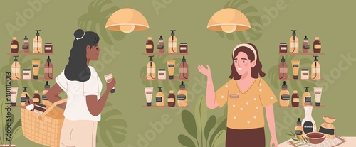 Two women in organic store vector flat illustration. Happy smiling girl choosing fresh natural cosmetics, seller advertising new herbal organic creams. Eco ingredients, beauty products concept.