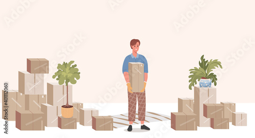 Happy smiling man in casual clothes and gloves holding cardboard box vector flat illustration. Removing in new place, shop or apartments concept. Different cardboard boxes and domestic plants in pots.