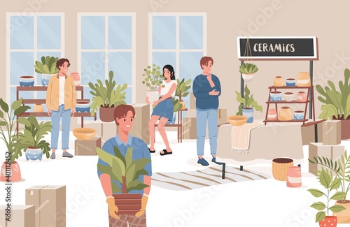 Group of happy people choosing and buying flowers, trees and flower pots in flower shop vector flat illustration. Men and women in plants shop interior. Plants and trees store design concept.