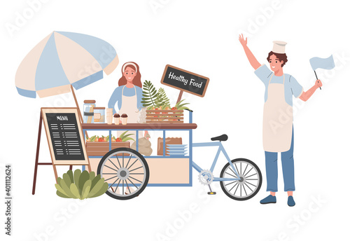 Street cart with healthy food and beverages vector flat illustration. Happy woman selling healthy natural food and coffee, smiling man invites customers to their cart. Street healthy food concept.