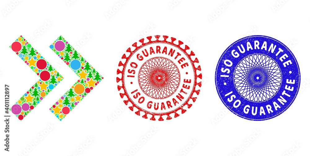 Shift right collage of New Year symbols, such as stars, fir-trees, color balls, and ISO GUARANTEE dirty stamps. Vector ISO GUARANTEE stamps uses guilloche ornament, designed in red and blue variants. Shift right collage of New Year symbols, such as stars, fir-trees, color balls, and ISO GUARANTEE dirty stamps. Vector ISO GUARANTEE stamps uses guilloche ornament, designed in red and blue variants.