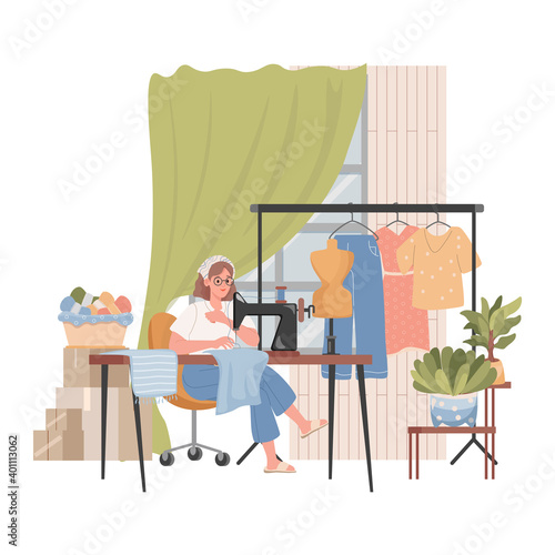 Tailor or dressmaker sews clothes on sewing machine vector flat illustration. Sewing workshop interior or sewing hobby concept. Different casual clothes, home plants in pots, and skeins of yarn.