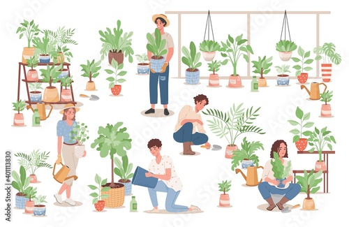 Group of happy young people taking care of home plants vector flat illustration. Men and women in casual clothes watering flowers, growing plants in pots. Agriculture gardener hobby concept.