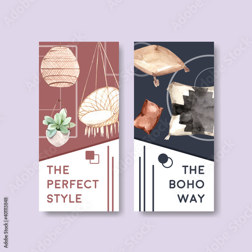 Flyer template with boho furniture concept design for brochure and leaflet watercolor vector illustration