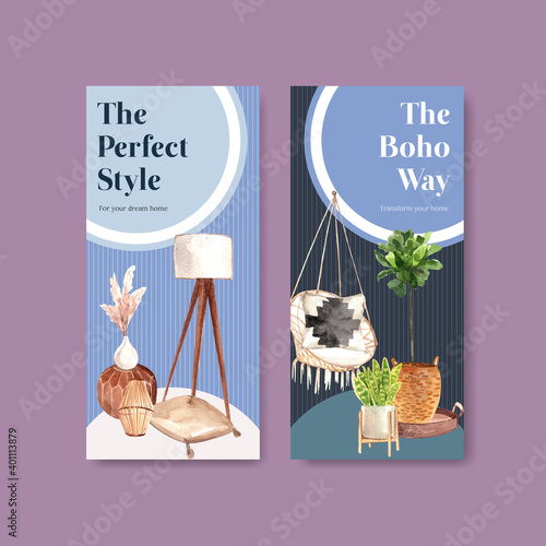 Flyer template with boho furniture concept design for brochure and leaflet watercolor vector illustration