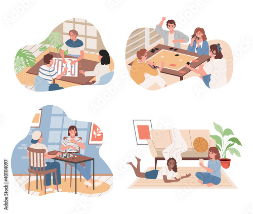 Set of people playing board games. Friends, men and women playing table games indoor in living room. People play with cards, dices, desktop field and pawns. Home entertainment for adults and children.
