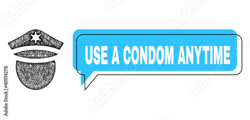 Chat Use a Condom Anytime blue bubble frame and network police head. Frame and colored area are misplaced for Use a Condom Anytime text, which is located inside blue colored bubble.