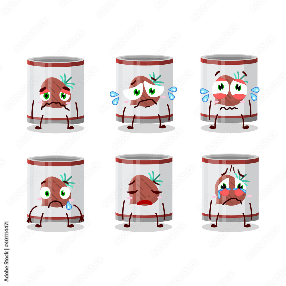 Can of onion cartoon character with sad expression Can of onion cartoon character with sad expression