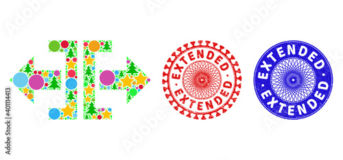 Divide horizontal direction composition of Christmas symbols, such as stars, fir-trees, colored spheres, and EXTENDED scratched watermarks. Vector EXTENDED watermarks uses guilloche ornament,