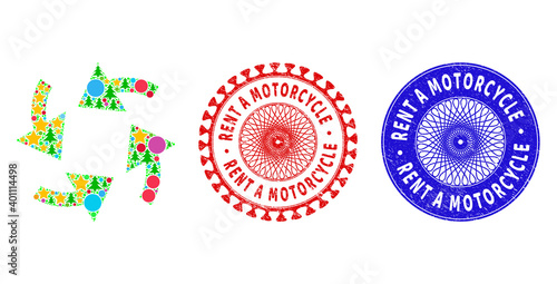Cyclone arrows composition of New Year symbols, such as stars, fir trees, color balls, and RENT A MOTORCYCLE rubber stamp prints. Vector RENT A MOTORCYCLE stamp seals uses guilloche pattern,