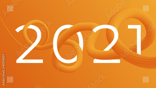 2021 colorful orange background. White text with 3d spiral fluid design.