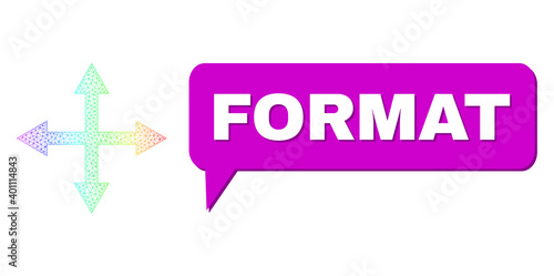 Format and expand arrows vector. Spectral colorful mesh expand arrows, and chat Format cloud message. Chat colored Format bubble has shadow. Vector wireframe created from expand arrows icon with mesh.