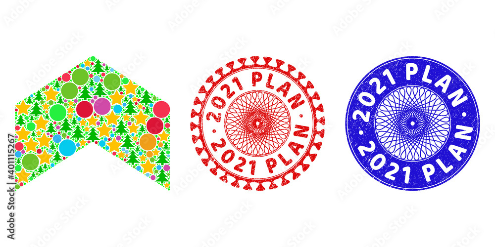 Fototapeta premium Direction up composition of New Year symbols, such as stars, fir-trees, color balls, and 2021 PLAN corroded seals. Vector 2021 PLAN stamps uses guilloche ornament, designed in red and blue versions.