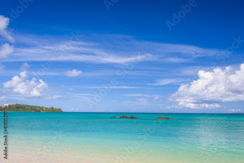 Fototapeta Naklejka Na Ścianę i Meble -  A panoramic view from Kouki beach on Busena cape and Nago lagoon on tropical Okinawa island in Japan