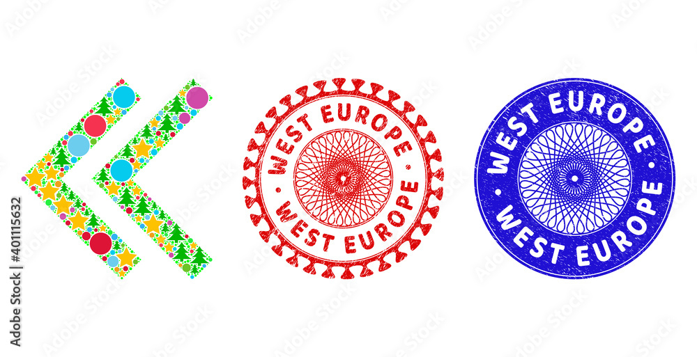 Shift left mosaic of New Year symbols, such as stars, fir-trees, multicolored balls, and WEST EUROPE rubber watermarks. Vector WEST EUROPE stamps uses guilloche pattern, Shift left mosaic of New Year symbols, such as stars, fir-trees, multicolored balls, and WEST EUROPE rubber watermarks. Vector WEST EUROPE stamps uses guilloche pattern,