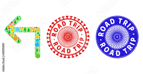 Turn left collage of Christmas symbols, such as stars, fir-trees, colored round items, and ROAD TRIP rough stamps. Vector ROAD TRIP stamps uses guilloche ornament, designed in red and blue variants.