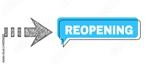 Speech Reopening blue bubble frame and wire frame send right. Frame and colored area are shifted to Reopening phrase, which is located inside blue speech balloon. Vector quote title inside chat frame.