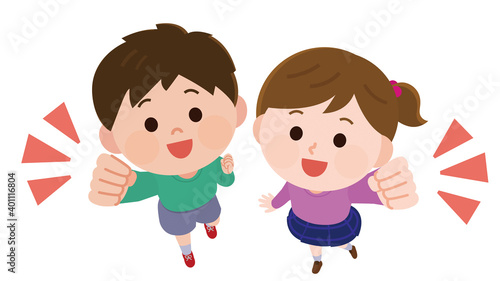 俯瞰　頑張るポーズの男の子と女の子　イラスト