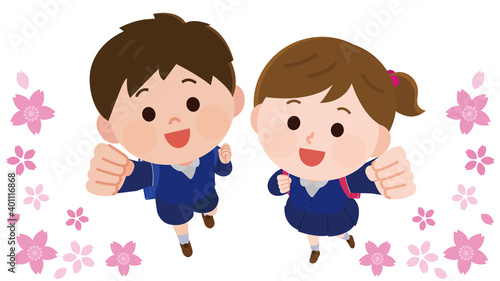 俯瞰　頑張るポーズの制服の男の子と女の子　桜フレーム　イラスト
