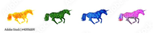 Unicorn horse animals Glitters Green blue and fire Colors Illustration