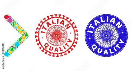 Direction right mosaic of Christmas symbols, such as stars, fir trees, colored round items, and ITALIAN QUALITY dirty stamp seals. Vector ITALIAN QUALITY stamp seals uses guilloche ornament,