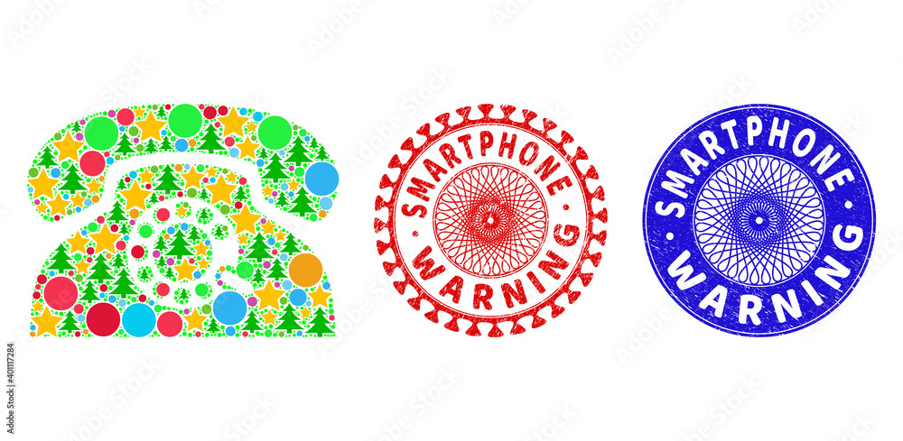 Fototapeta premium Pulse phone mosaic of Christmas symbols, such as stars, fir trees, color circles, and SMARTPHONE WARNING textured watermarks. Vector SMARTPHONE WARNING watermarks uses guilloche pattern,