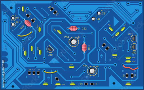 The computing module circuit Board. Blue graphics video card. Printed computer motherboard with microcircuit. Electronic vector background