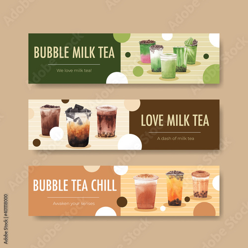 Banner template with bubble milk tea concept design for advertise and commercial watercolor vector illustration