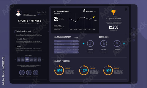 Training fitness program on dashboard panel user interface with dark mode