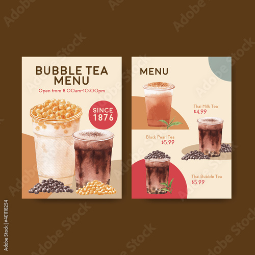 Menu template with bubble milk tea concept design for restaurant and cafe shop watercolor vector illustration
