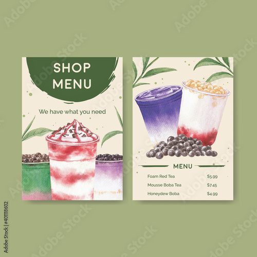 Menu template with bubble milk tea concept design for restaurant and cafe shop watercolor vector illustration