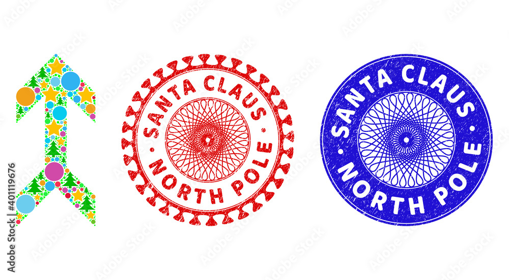 Arrow up mosaic of New Year symbols, such as stars, fir-trees, multicolored balls, and SANTA CLAUS NORTH POLE corroded stamp seals. Vector SANTA CLAUS NORTH POLE stamp seals uses guilloche ornament, Arrow up mosaic of New Year symbols, such as stars, fir-trees, multicolored balls, and SANTA CLAUS NORTH POLE corroded stamp seals. Vector SANTA CLAUS NORTH POLE stamp seals uses guilloche ornament,