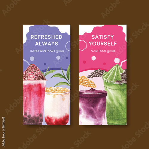 Flyer template with bubble milk tea concept design for brochure and leaflet watercolor vector illustration