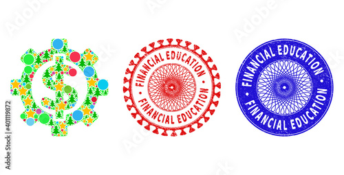 Financial options collage of Christmas symbols, such as stars, fir-trees, color circles, and FINANCIAL EDUCATION rough stamp seals. Vector FINANCIAL EDUCATION seals uses guilloche ornament,