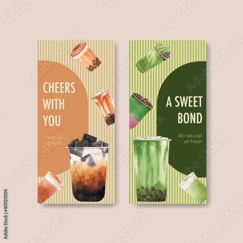 Flyer template with bubble milk tea concept design for brochure and leaflet watercolor vector illustration