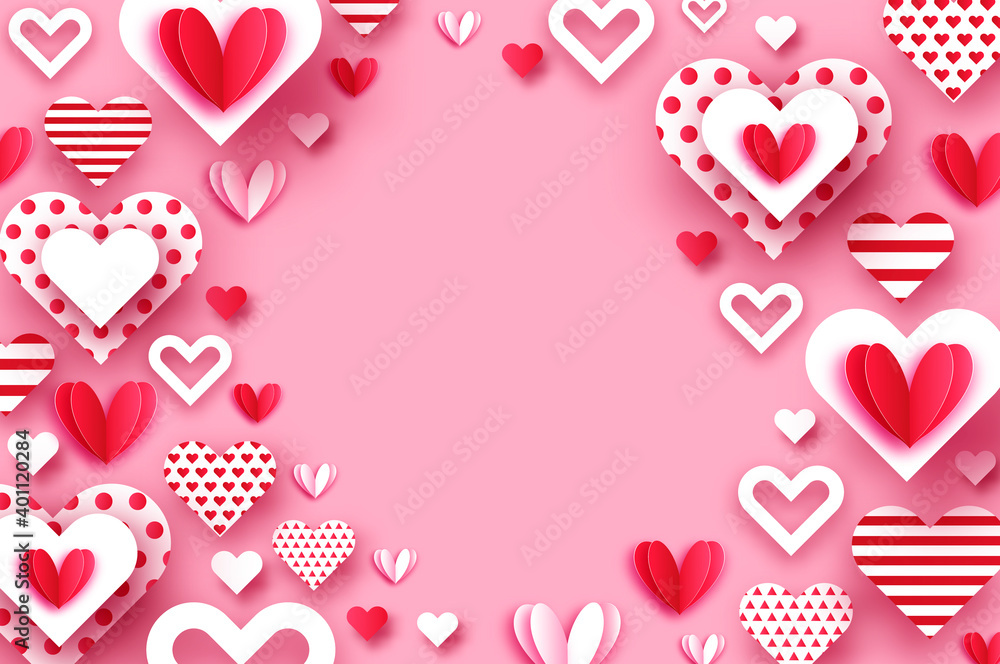 Happy Valentine's Day with paper cut heart. Flying Love Hearts. Romantic holiday. Space for text. February 14
