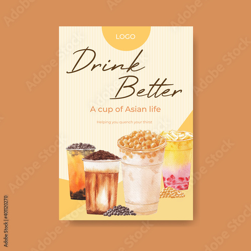 Poster template with bubble milk tea concept design for advertise and marketing watercolor vector illustration