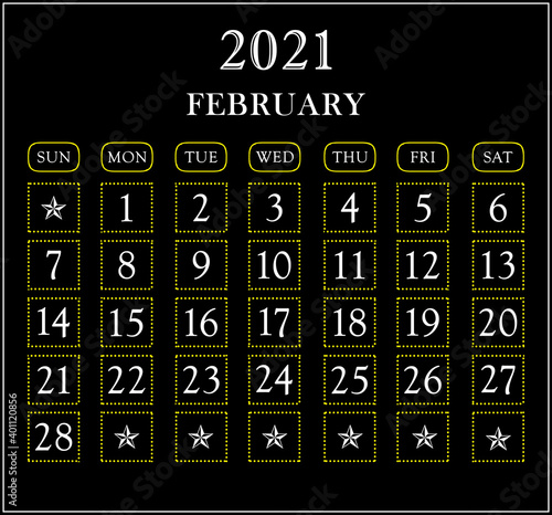 Month February  year 2021 calendar