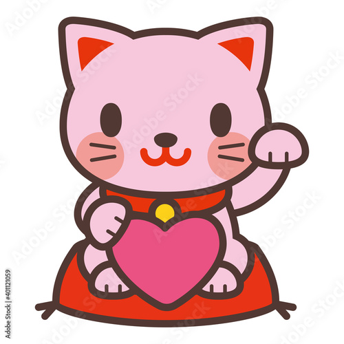ハートを持っているかわいいピンクの招き猫Beckoning cat-Japanese lucky cat