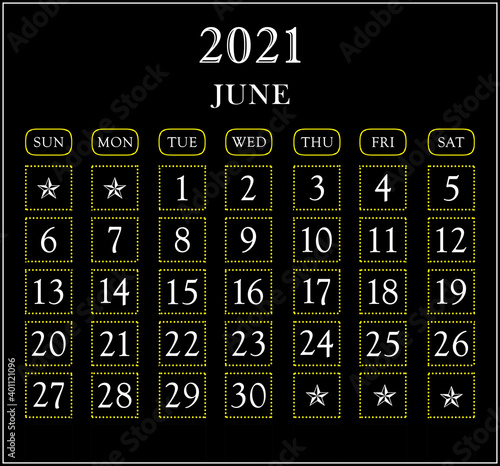 Month June  year 2021 calendar