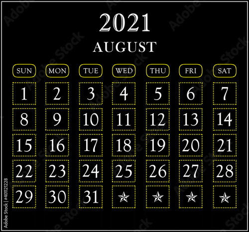 Month August  year 2021 calendar