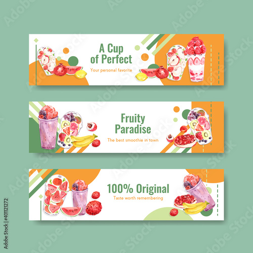 Banner template with fruits smoothies concept design for advertise and marketing watercolor vector illustration
